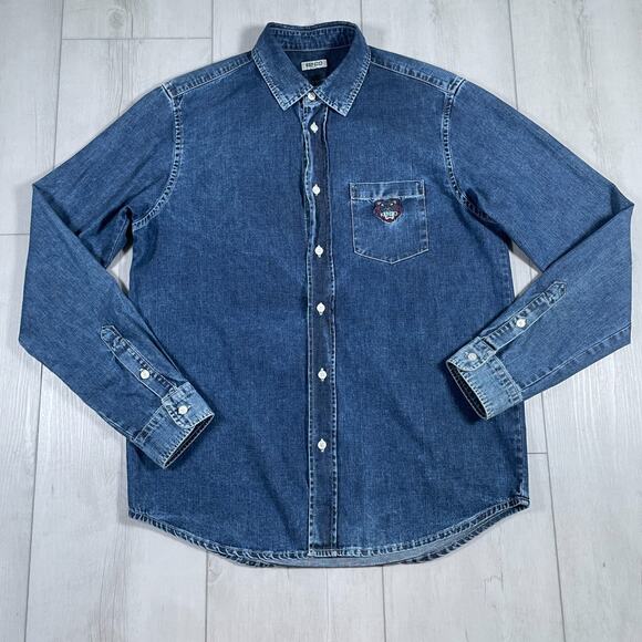 Kenzo Men's Medium Denim Shirt Button Up Tiger Embroidery Long Sleeve Blue - Picture 1 of 14
